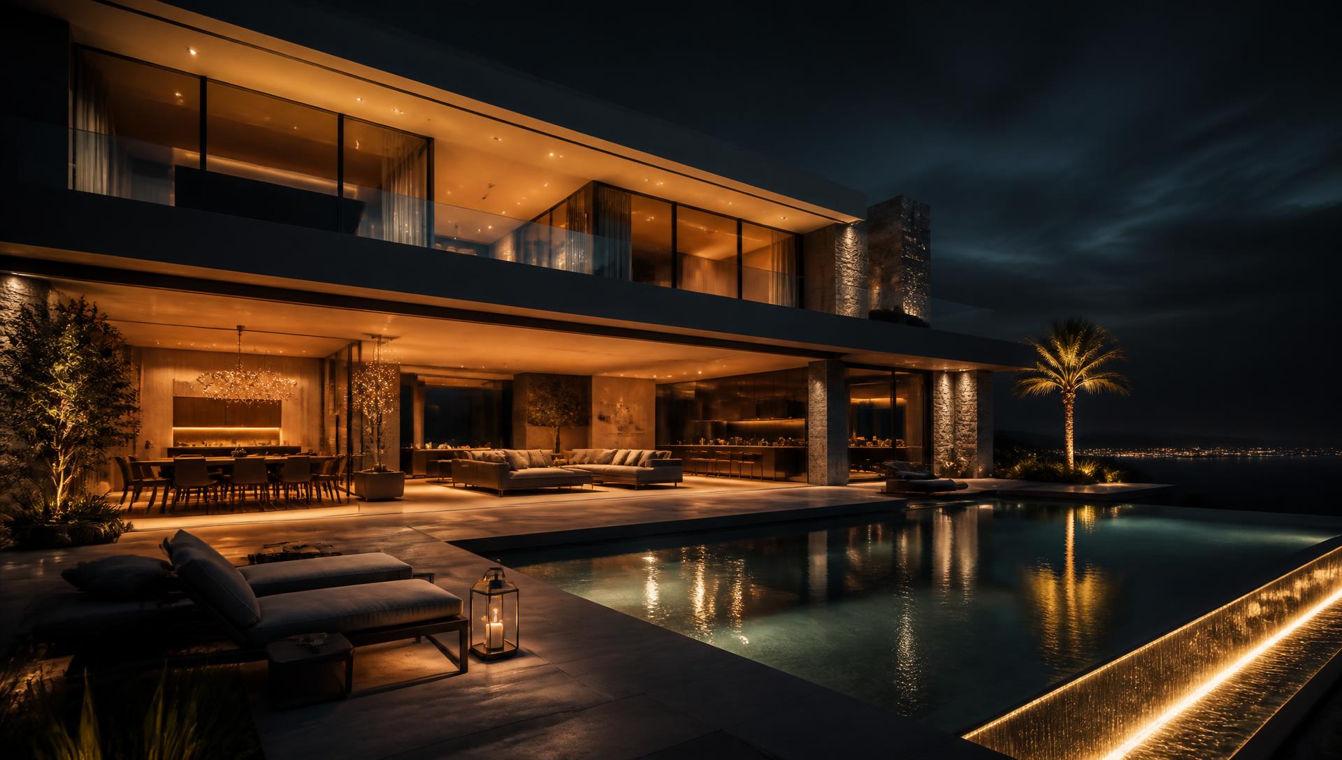Beleuchtete moderne Luxusvilla bei Nacht